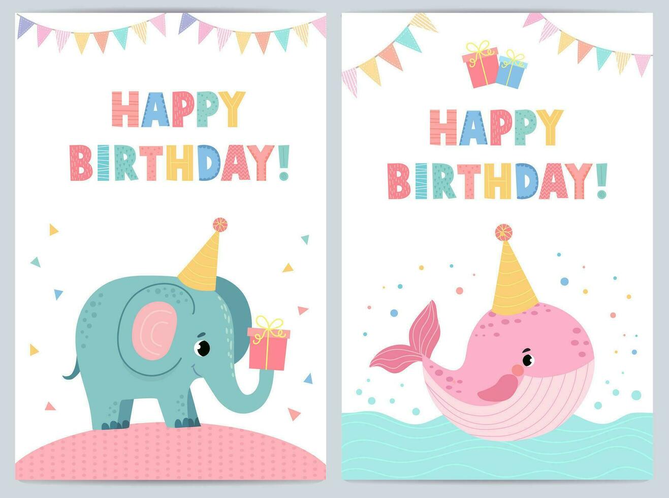 carino compleanno carte per bambini con divertente animali. vettore illustrazione