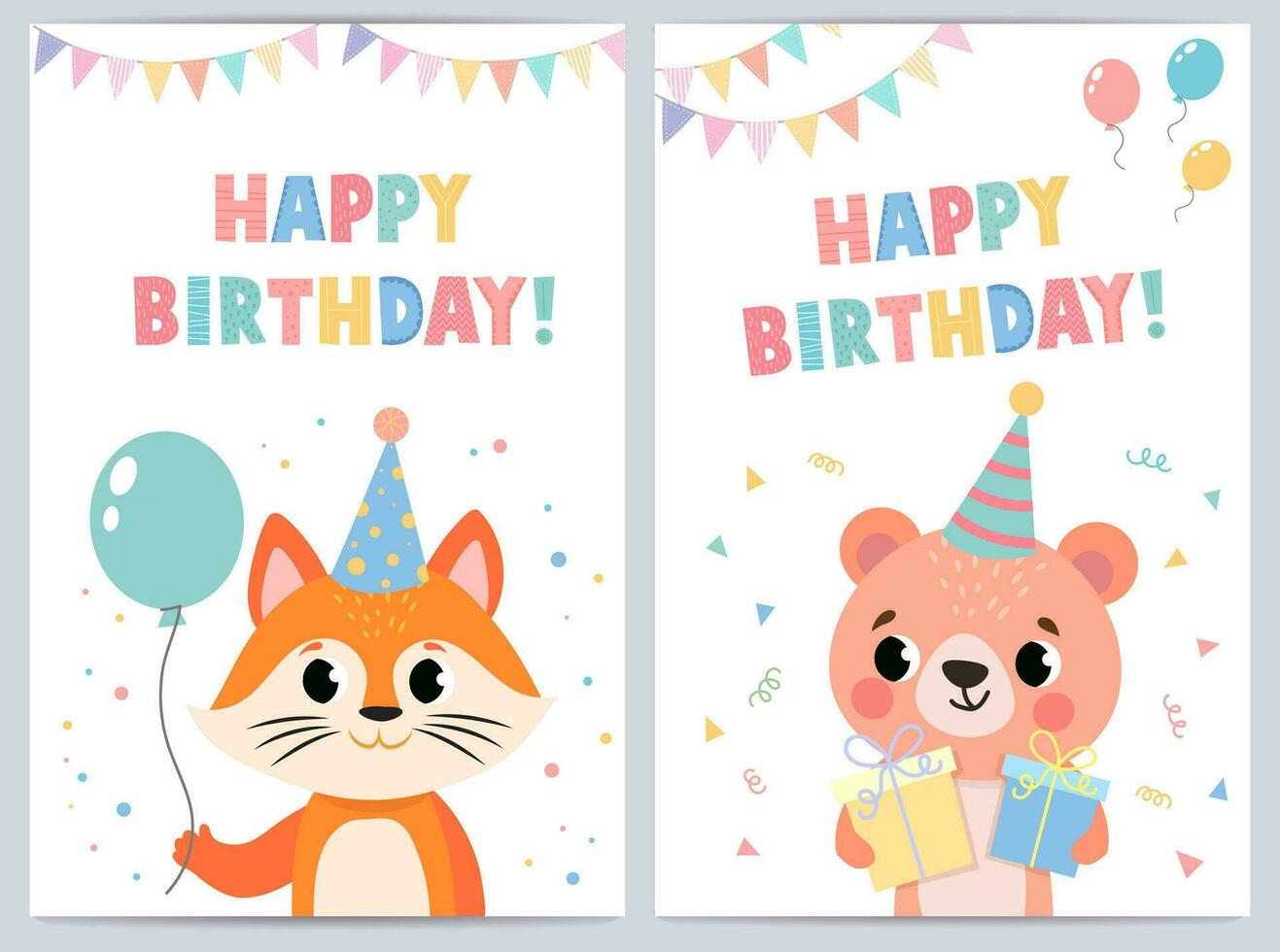 carino compleanno carte per bambini con divertente animali. vettore illustrazione