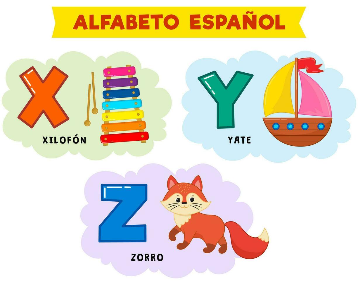 spagnolo alfabeto. vettore illustrazione. scritto nel spagnolo yacht, Volpe, xilofono
