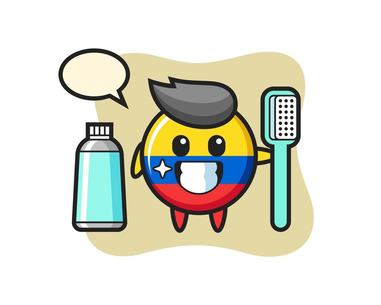 illustrazione della mascotte del distintivo della bandiera della Colombia con uno spazzolino da denti vettore