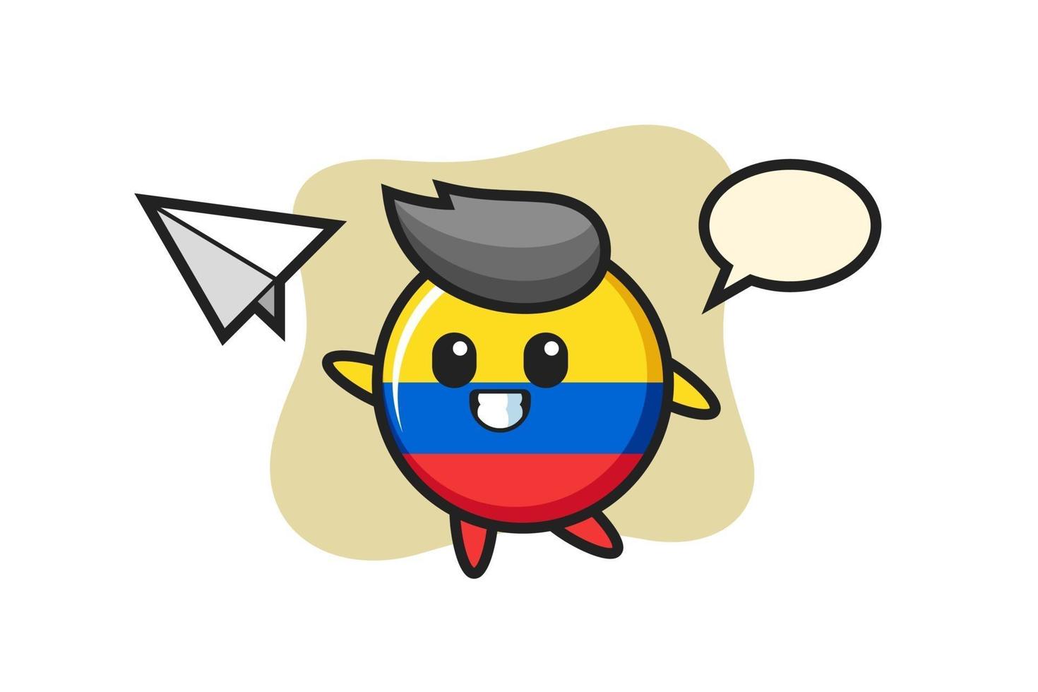 colombia bandiera distintivo personaggio dei cartoni animati che lancia aeroplano di carta vettore