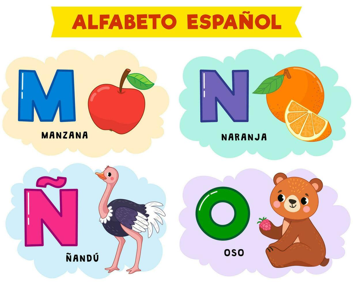 spagnolo alfabeto. vettore illustrazione. scritto nel spagnolo mela, arancia, orso, struzzo