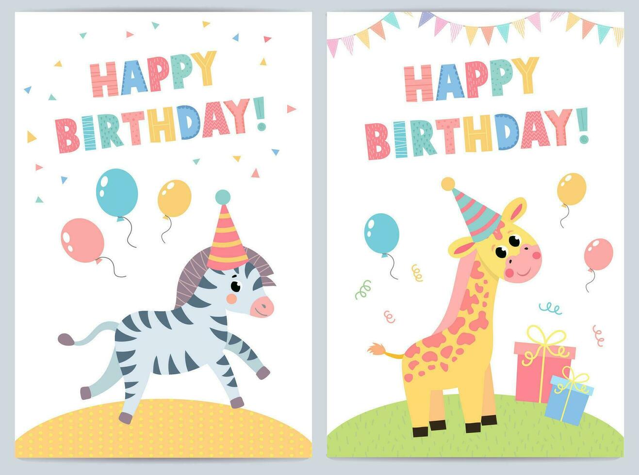 carino compleanno carte per bambini con divertente animali. vettore illustrazione