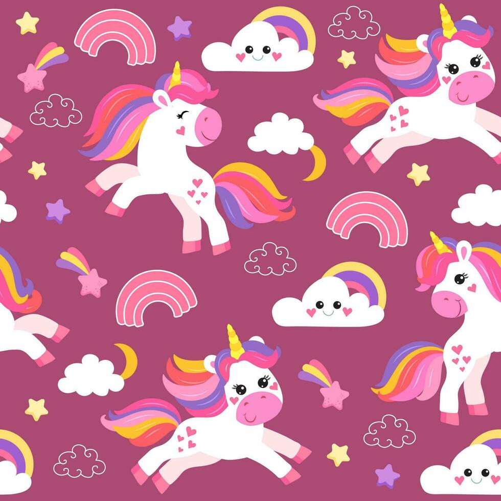 colorato senza soluzione di continuità modelli con unicorni nel cartone animato stile per bambini. vettore illustrazione