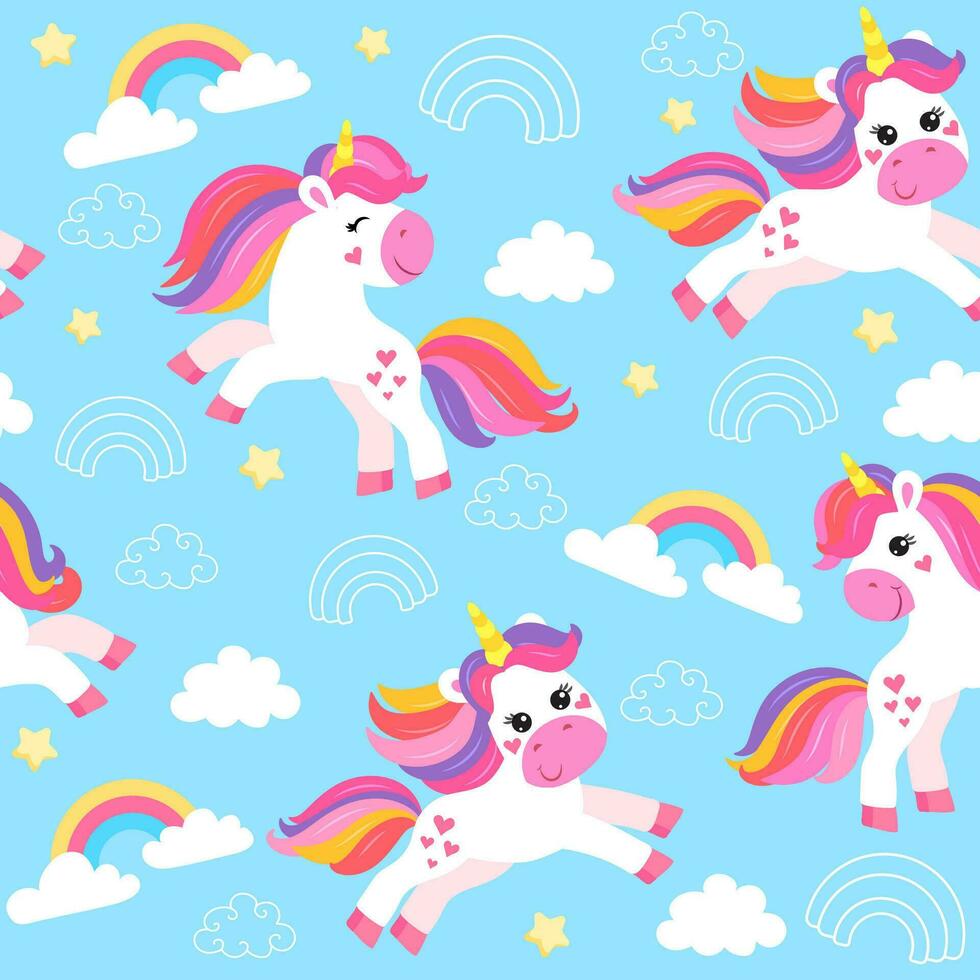 colorato senza soluzione di continuità modelli con unicorni nel cartone animato stile per bambini. vettore illustrazione