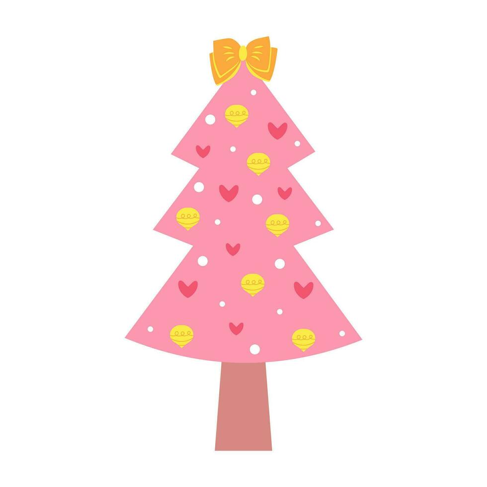 rosa Natale albero. carino pastello decorato Natale albero con palline, cuori e arco. vettore