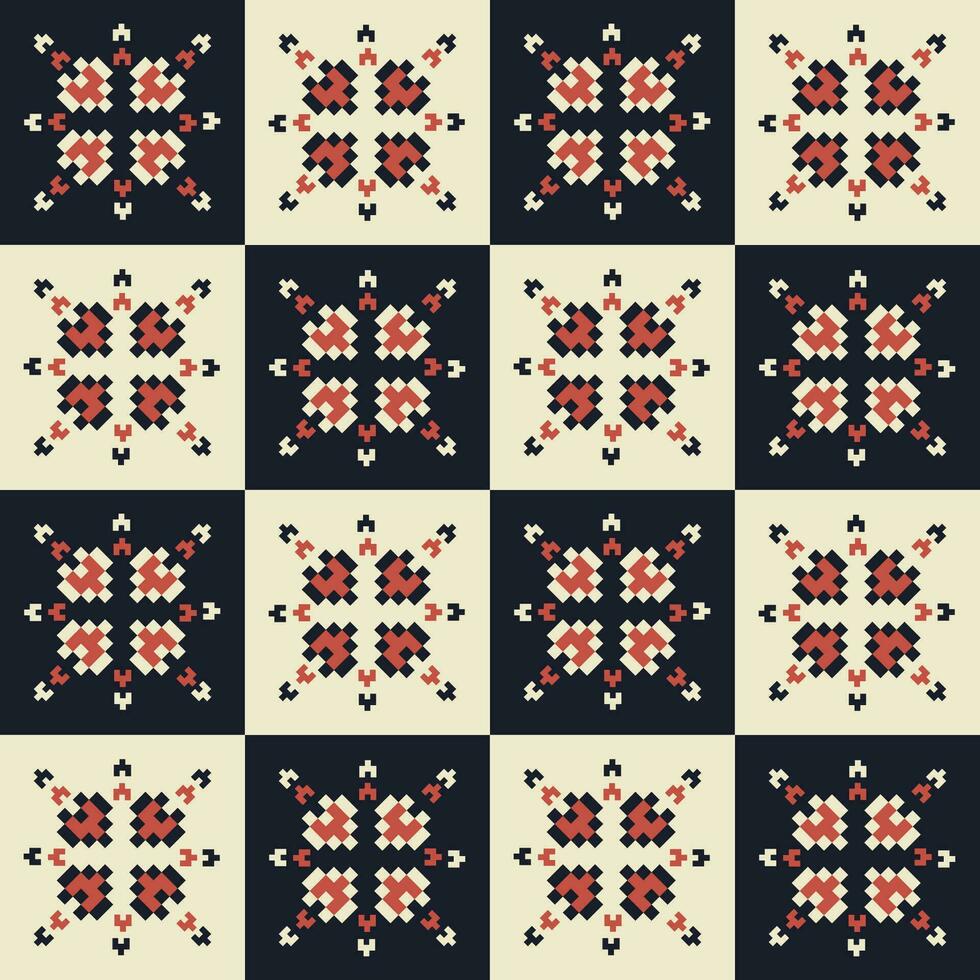 geometrico pixel arte tovaglia modello. geometrico floreale forma senza soluzione di continuità scacchi modello pixel arte stile. colorato geometrico modello uso per tessile, casa decorazione elementi, tappezzeria, eccetera. vettore
