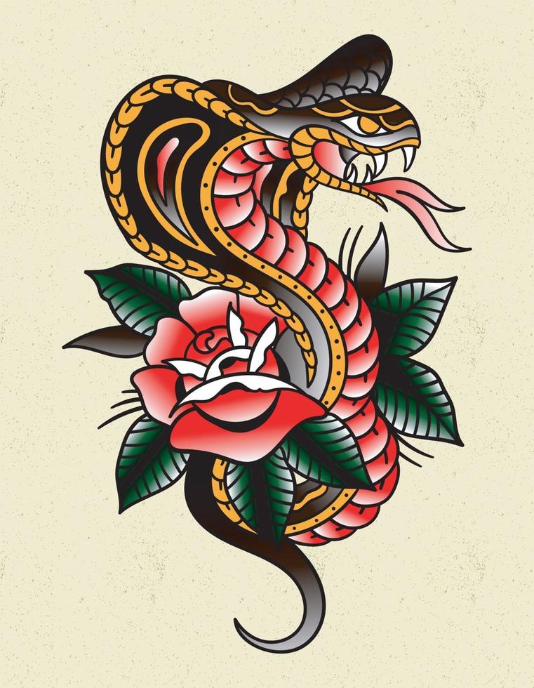 cobra rose tatuaggio vecchia scuola vettore