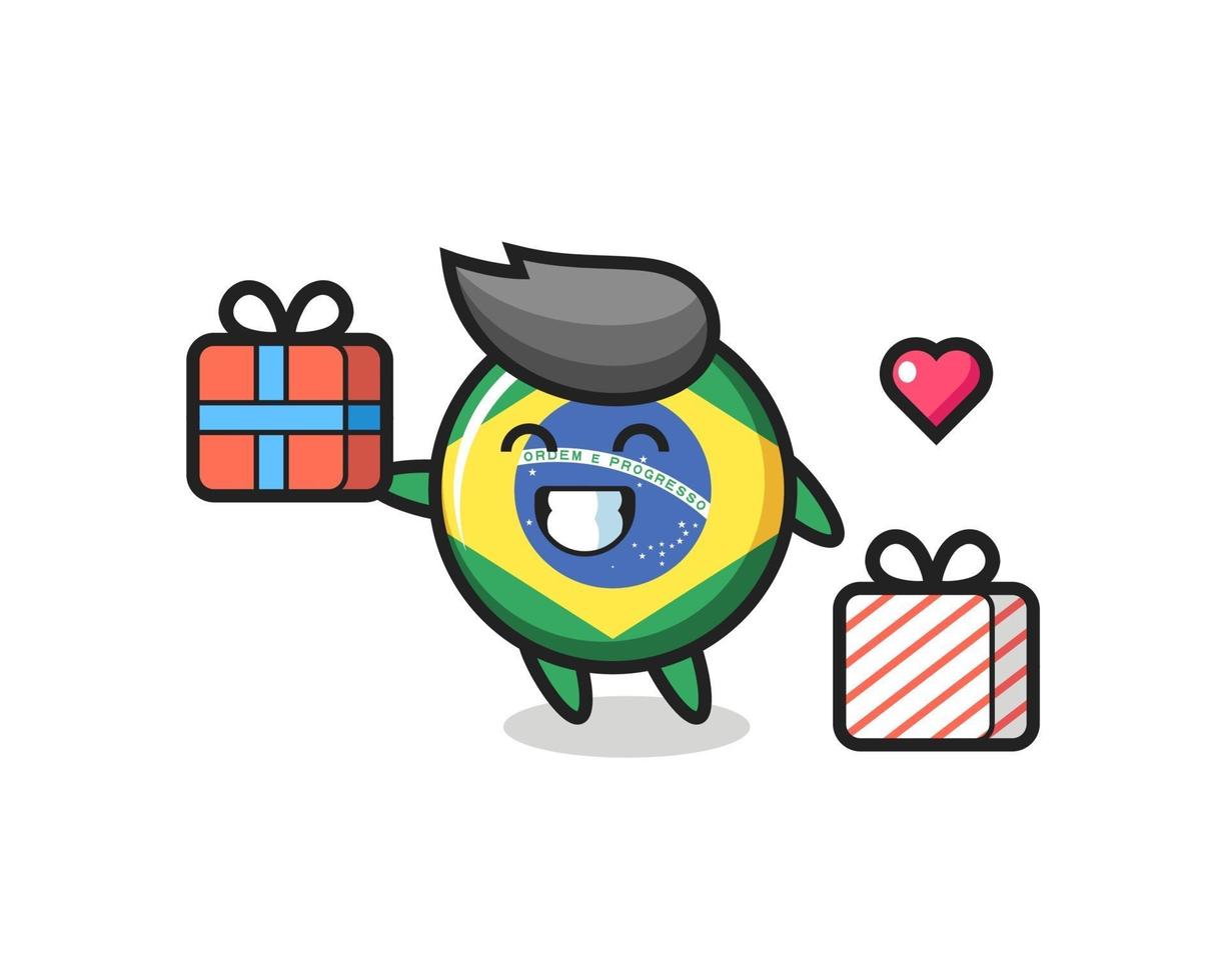 cartone animato della mascotte del distintivo della bandiera del brasile che dà il regalo vettore