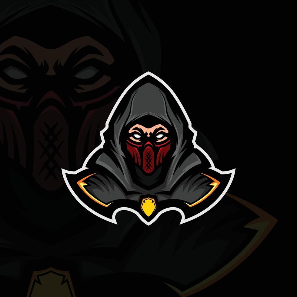 illustrazione di un ninja con cappuccio grigio che indossa una maschera rossa vettore