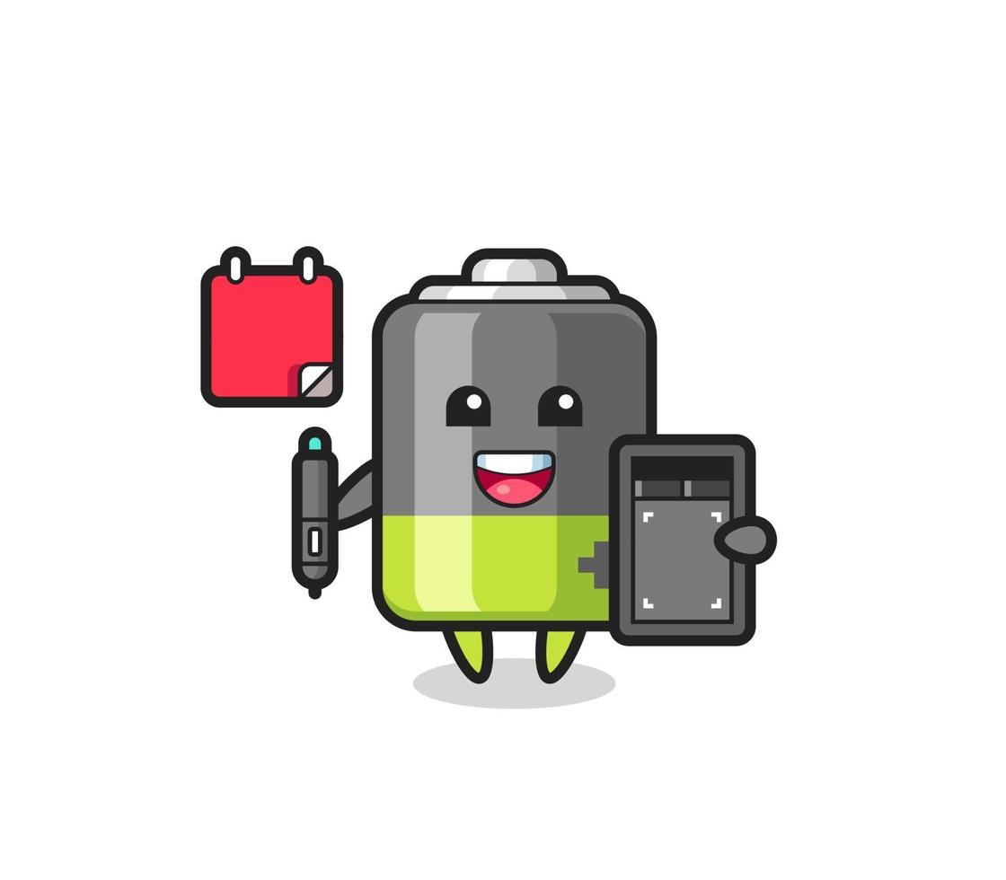 illustrazione della mascotte della batteria come graphic designer vettore