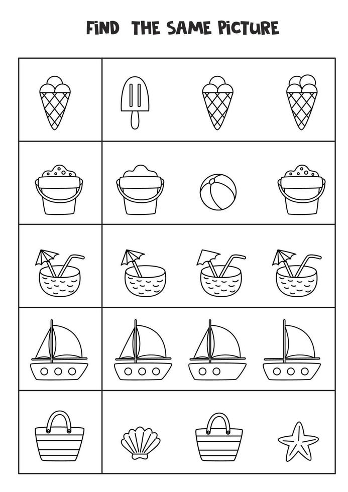 trova due gli stessi elementi estivi. foglio di lavoro in bianco e nero. vettore