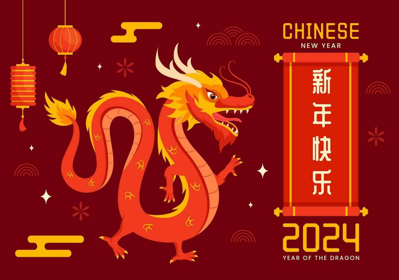 contento Cinese nuovo anno 2024 vettore illustrazione. traduzione anno di il Drago. con fiore, lanterna, draghi e Cina elementi su sfondo