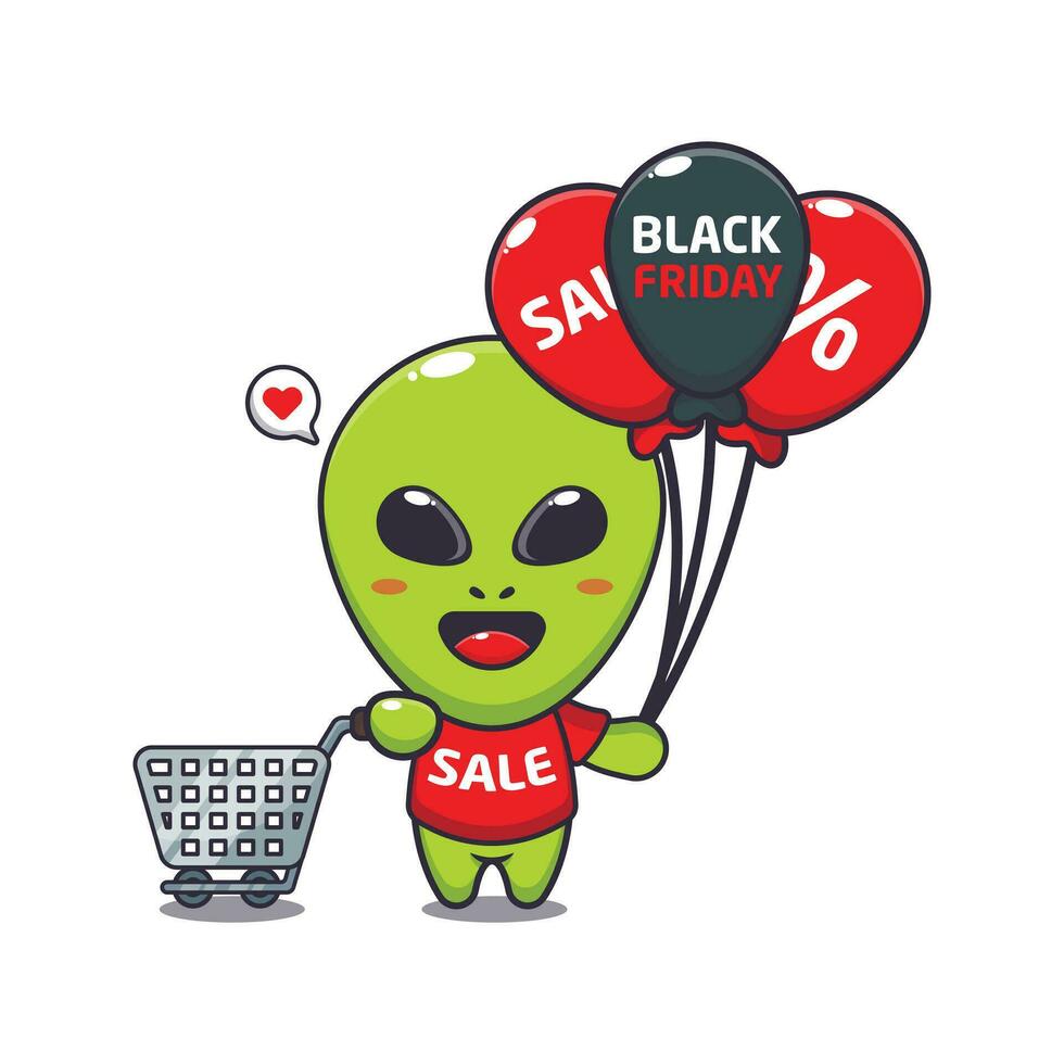 carino alieno con shopping carrello e Palloncino a nero Venerdì vendita cartone animato vettore illustrazione