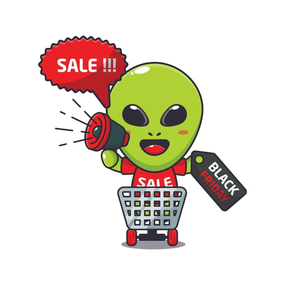 carino alieno nel shopping carrello è promozione nero Venerdì vendita con megafono cartone animato vettore illustrazione