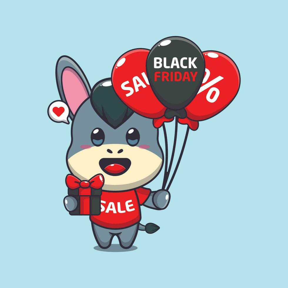 carino asino con i regali e palloncini nel nero Venerdì vendita cartone animato vettore illustrazione