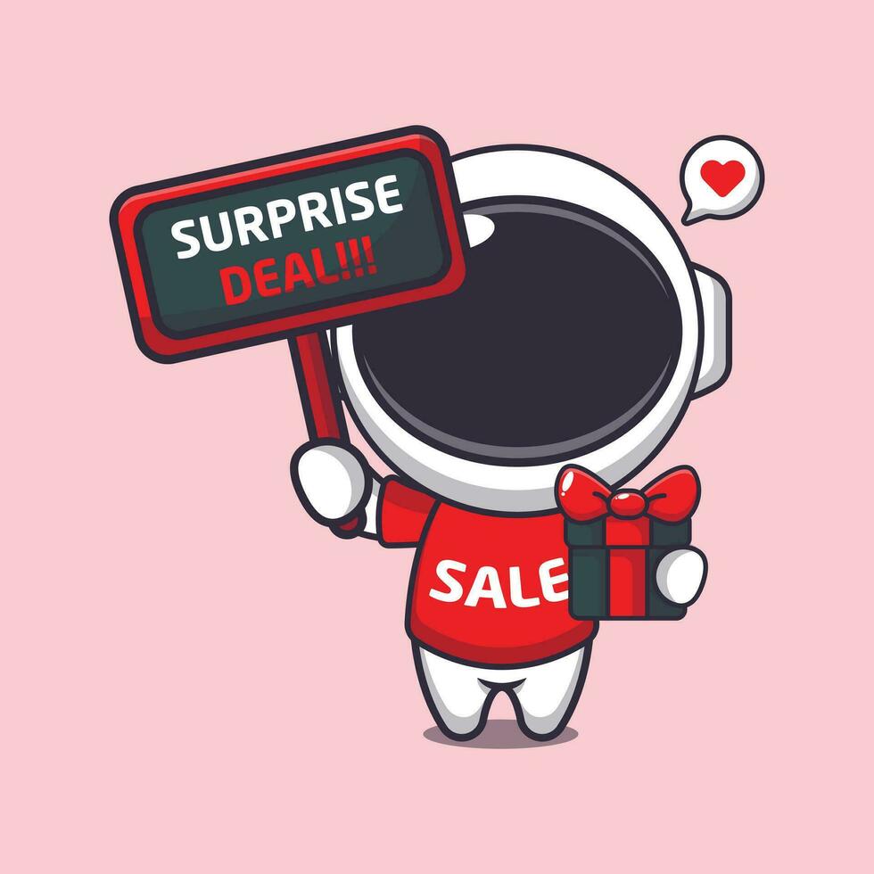carino astronauta con promozione cartello e regalo scatola nel nero Venerdì vendita cartone animato vettore illustrazione