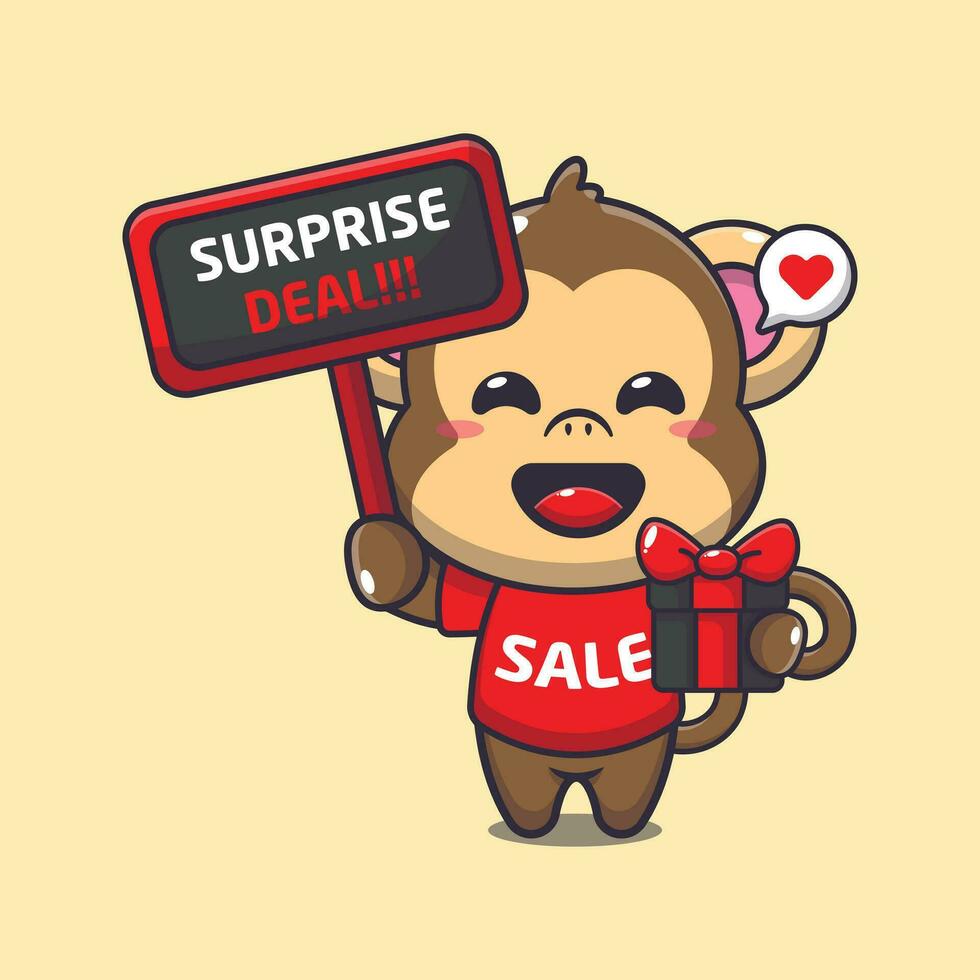 carino scimmia con promozione cartello e regalo scatola nel nero Venerdì vendita cartone animato vettore illustrazione
