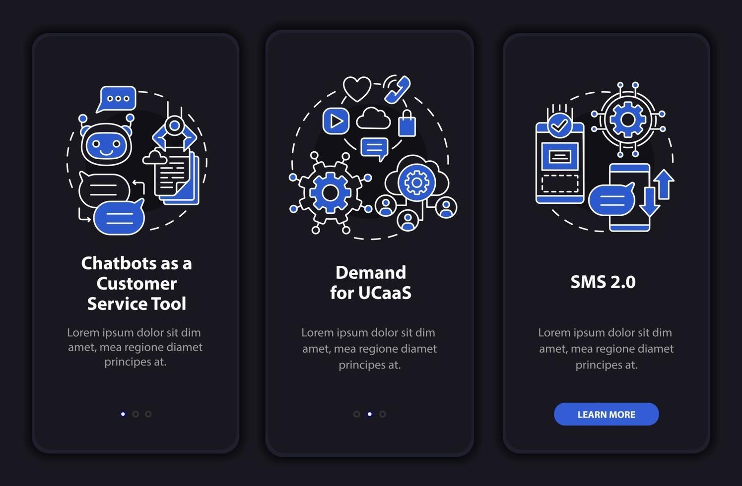 schermata della pagina dell'app mobile di onboarding scura di messaggistica vettore