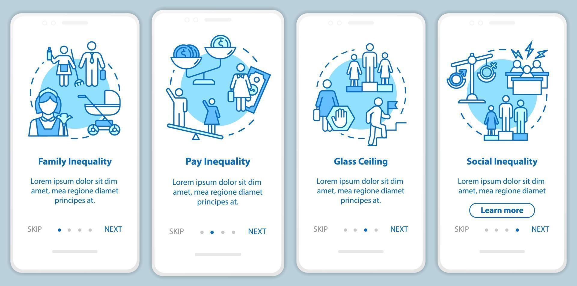 schermata della pagina dell'app mobile onboarding della disuguaglianza sessuale con concetti vettore