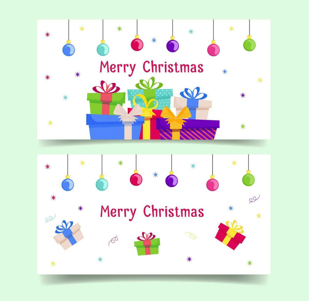 Natale e nuovo anno carta , striscione, manifesto impostato con regalo scatole e Natale palle. vettore