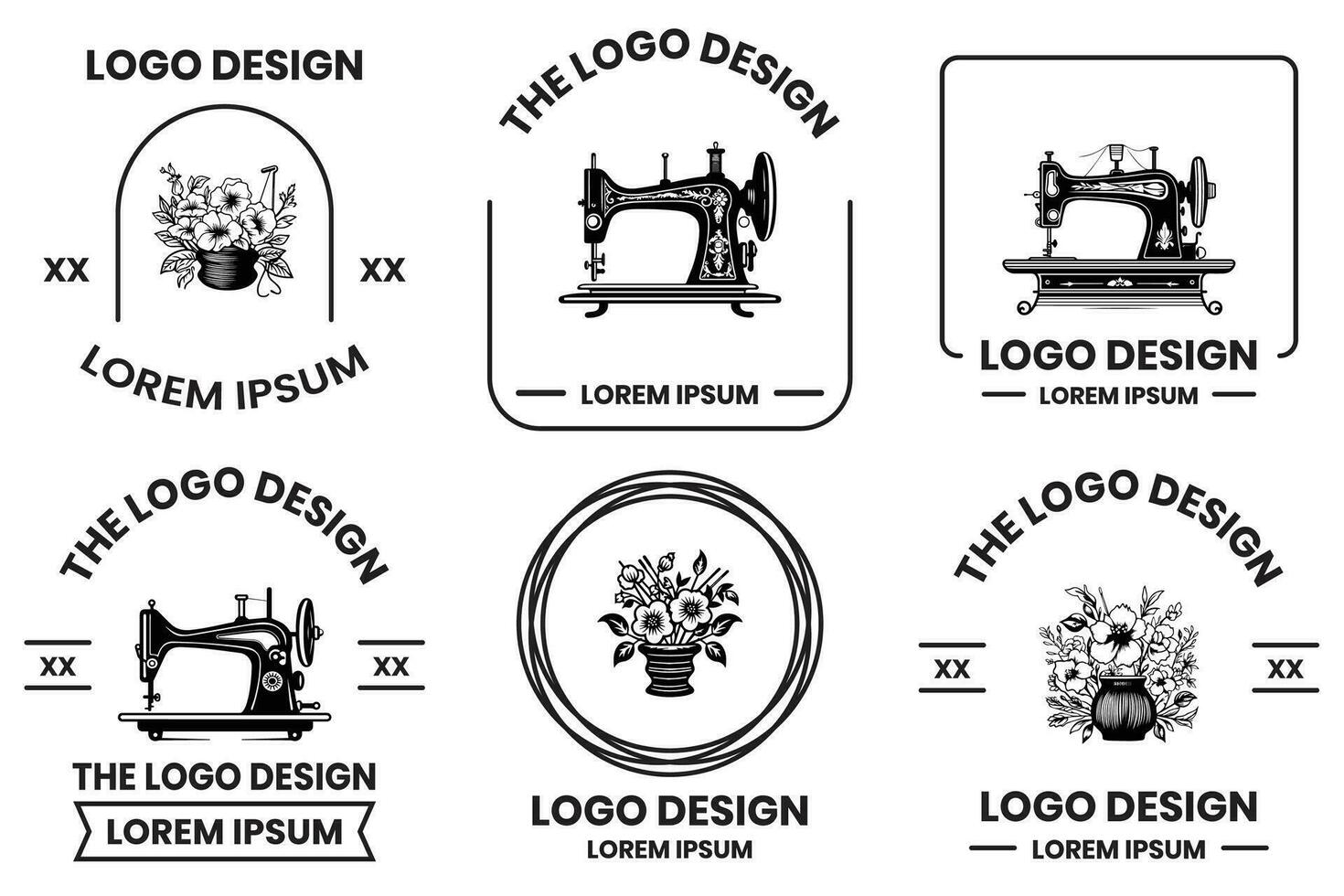 sartoria e cucire attrezzatura negozio logo nel piatto linea arte stile vettore