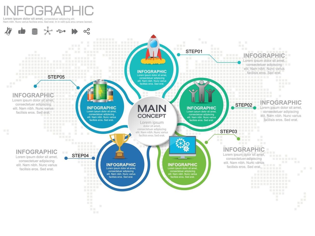 5 parti fasi o processi di progettazione infografica. vettore