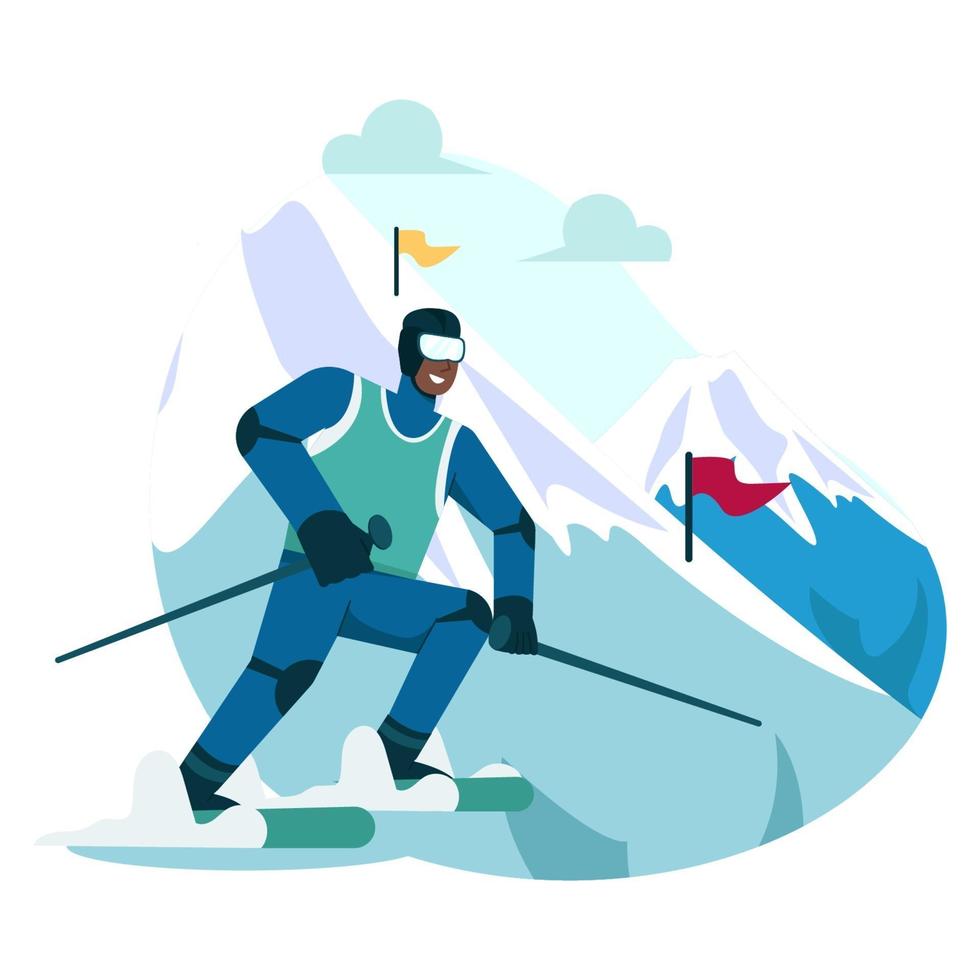 illustrazione piatta con lo sci sulla neve vettore