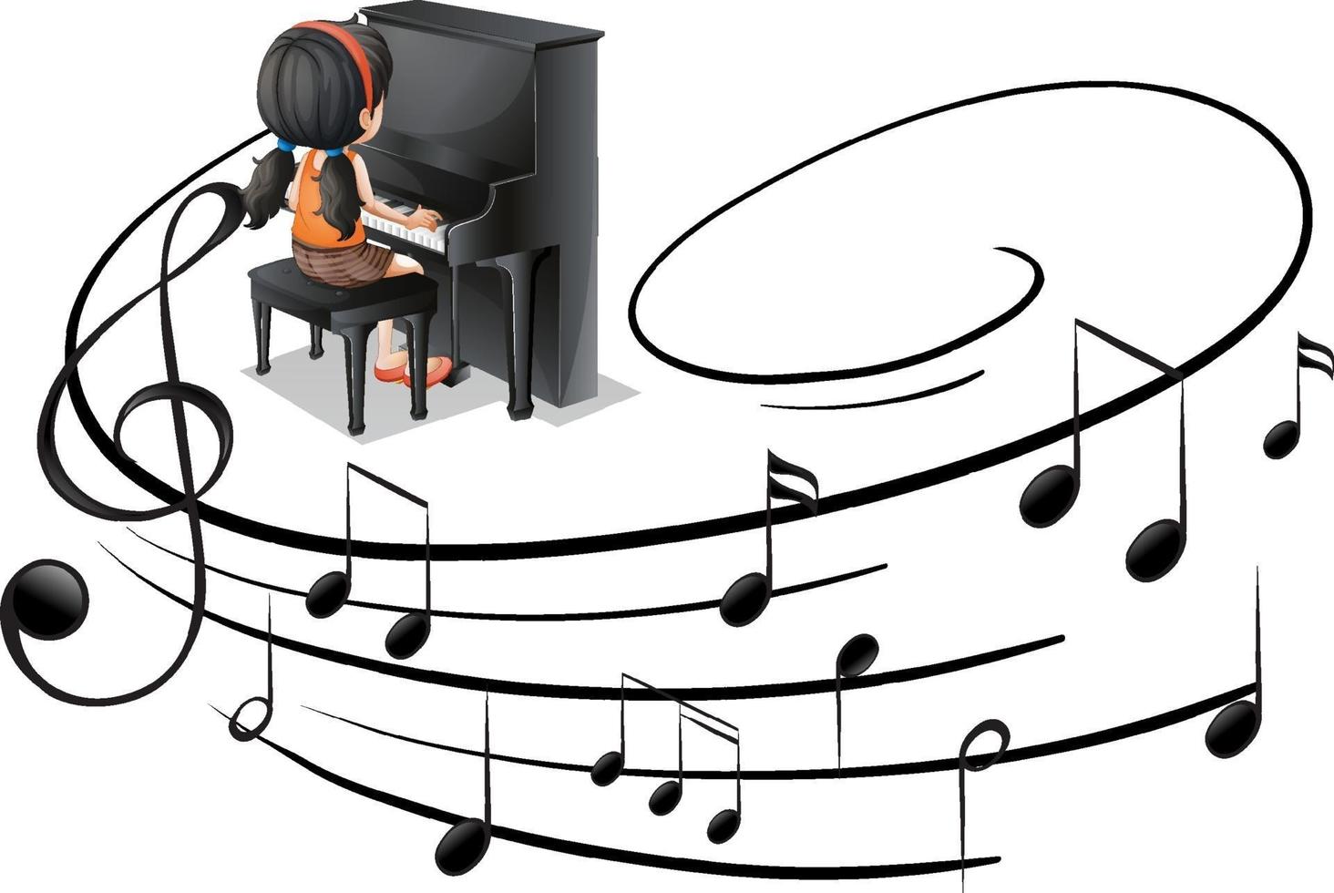 simboli di melodia musicale con una ragazza che suona il pianoforte isolata vettore
