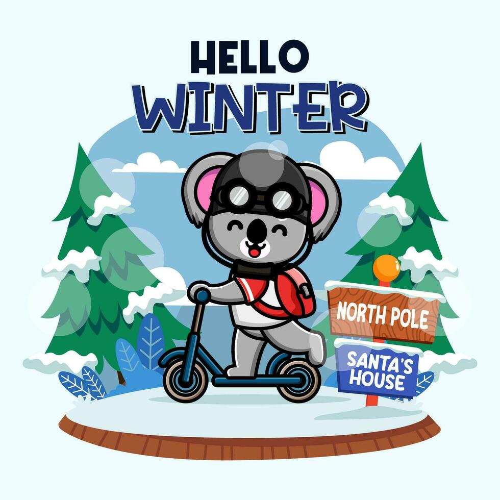 carino koala liberare calcio scooter nel inverno stagione vettore