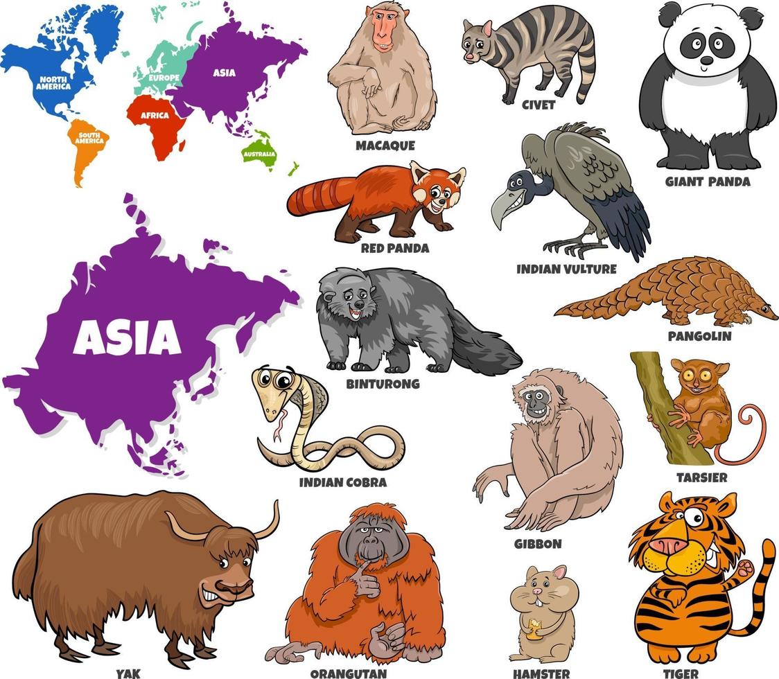 illustrazione educativa del set di animali asiatici dei cartoni animati vettore