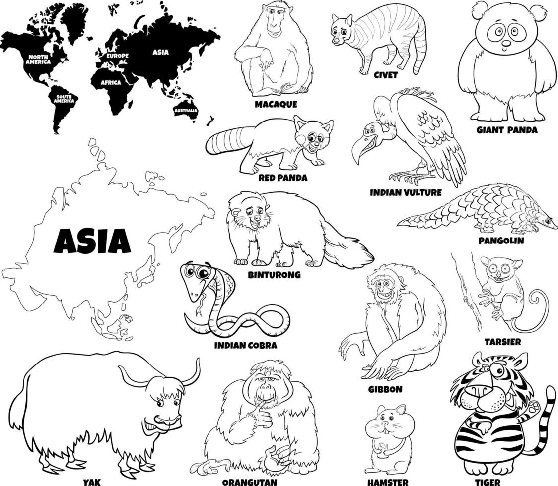 cartone animato animali asiatici impostati pagina del libro da colorare vettore