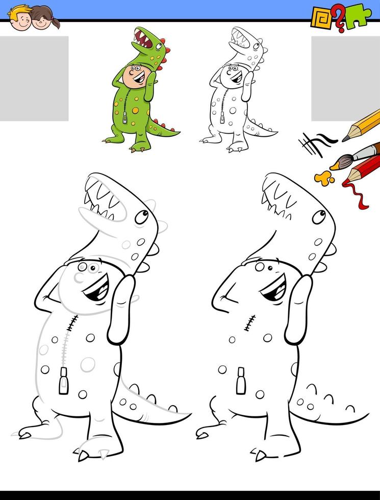 compito di disegnare e colorare con un ragazzo in costume da dinosauro vettore