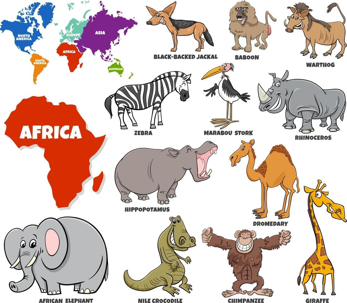 illustrazione educativa del set di animali africani dei cartoni animati vettore