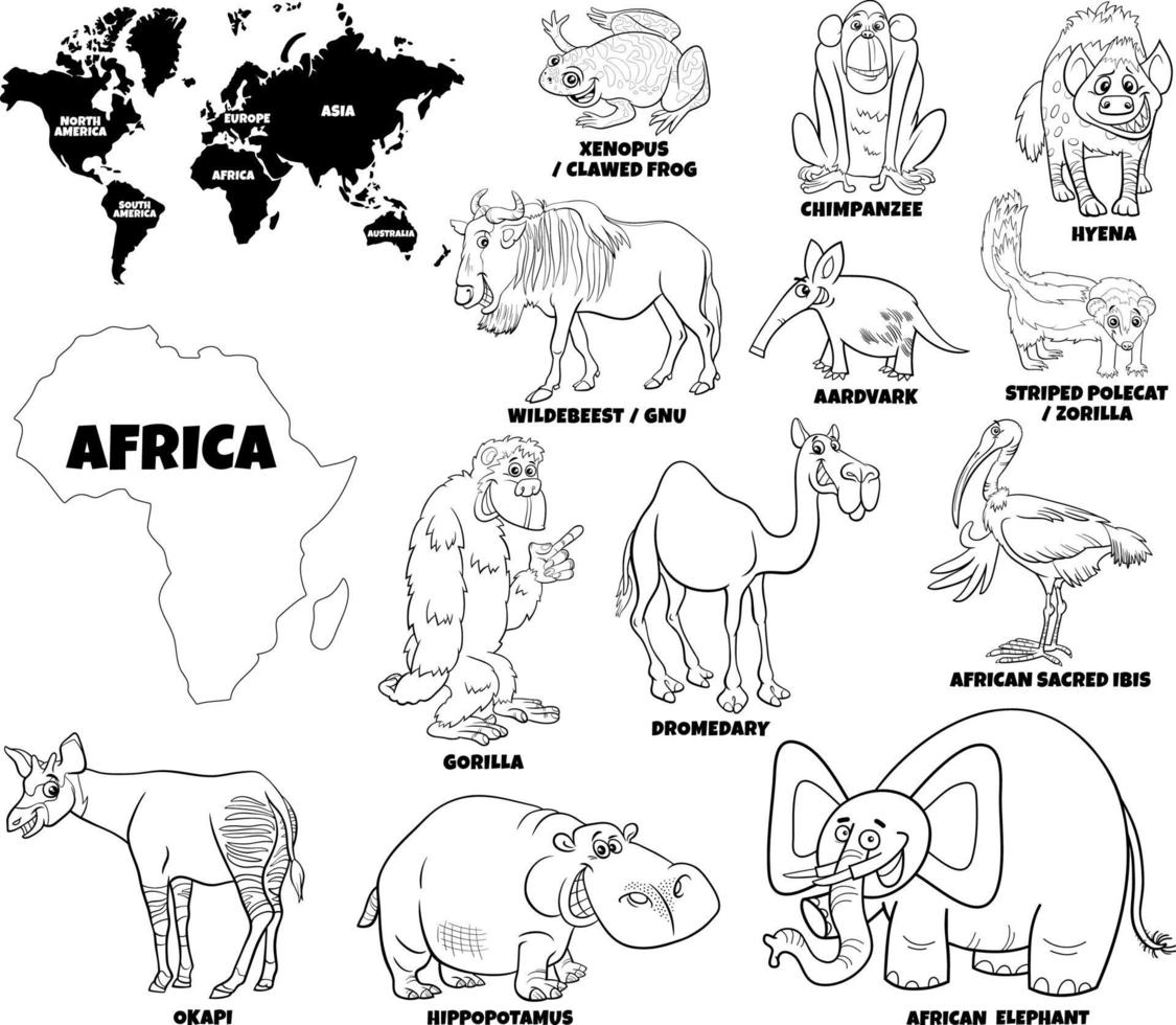 illustrazione educativa di animali africani pagina del libro da colorare vettore