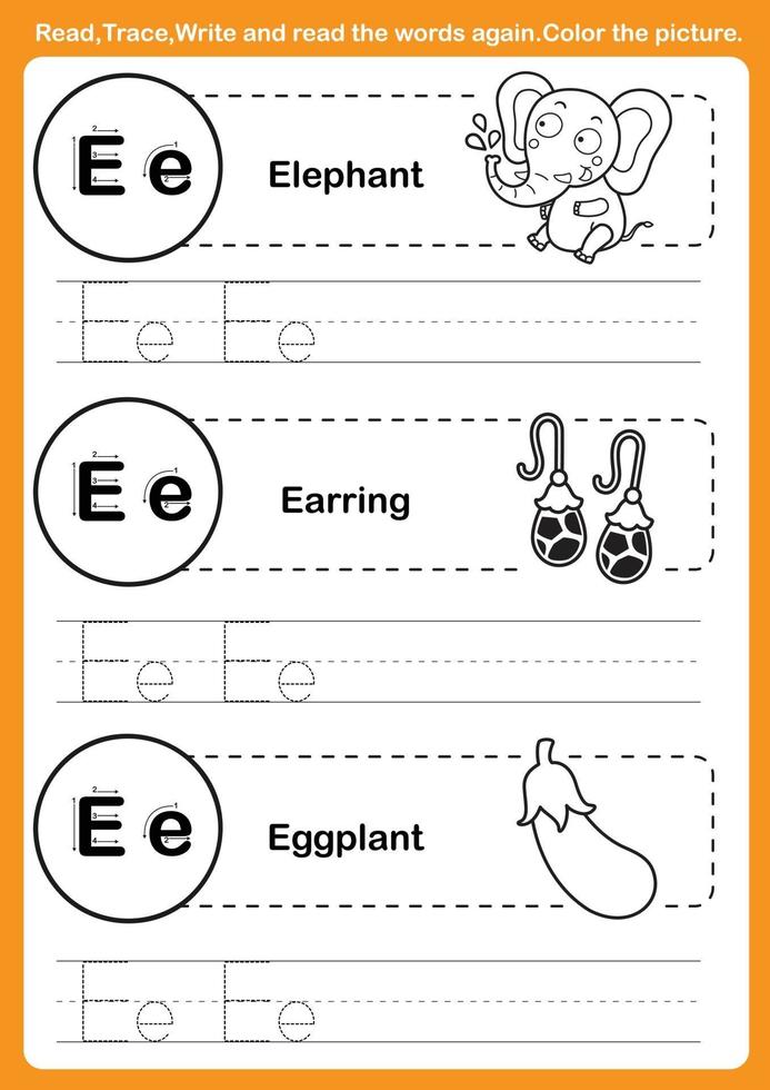 esercizio dell'alfabeto con vocabolario dei cartoni animati per libro da colorare vettore