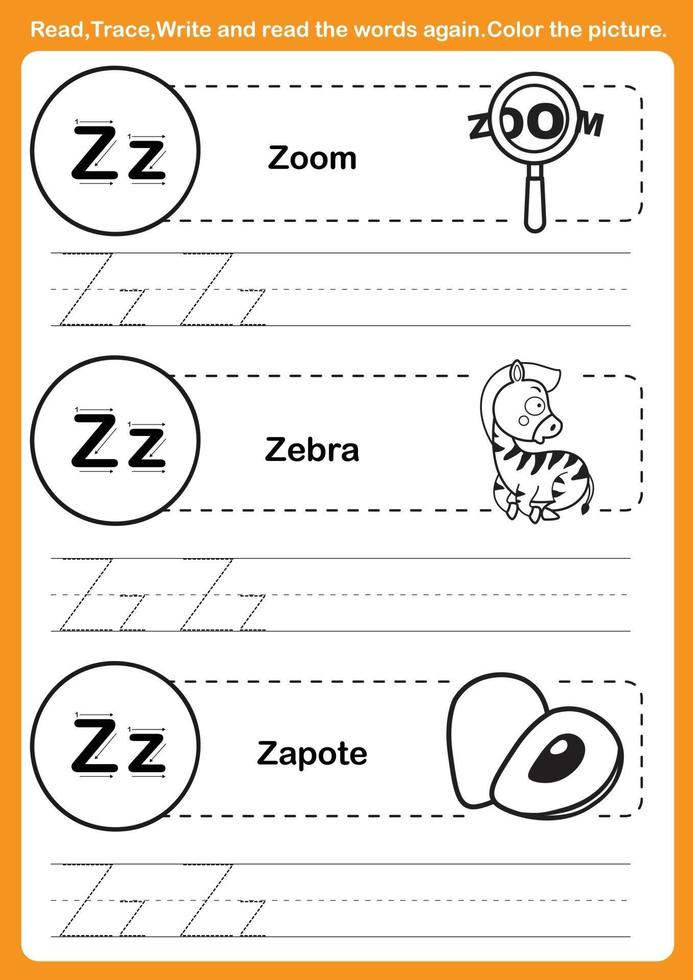 esercizio dell'alfabeto con vocabolario dei cartoni animati per libro da colorare vettore