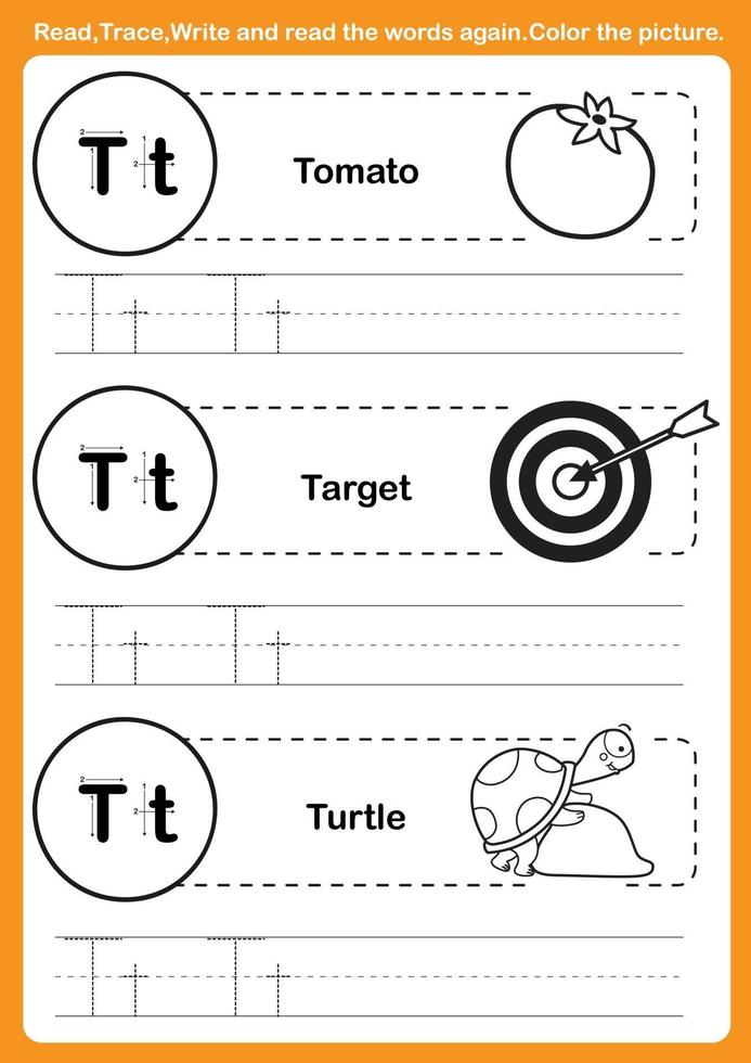 esercizio dell'alfabeto con vocabolario dei cartoni animati per libro da colorare vettore