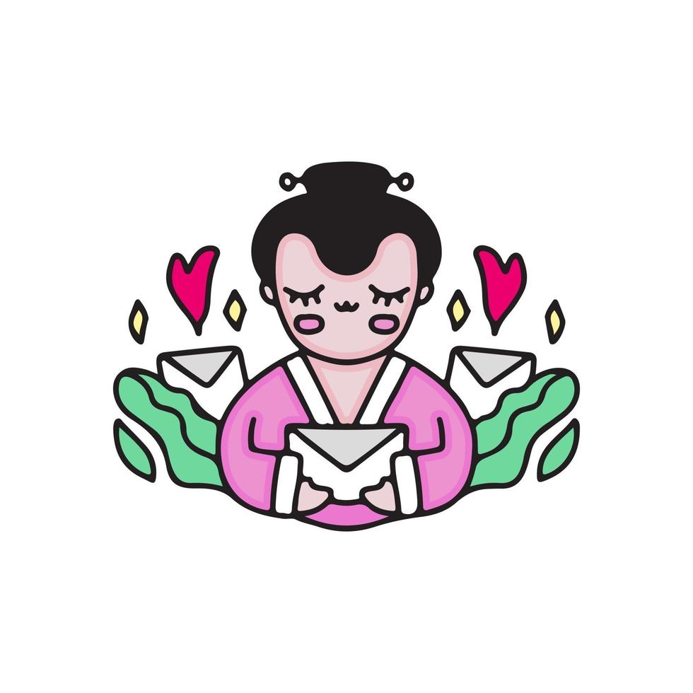 simpatica geisha con lettere. illustrazione del fumetto. vettore