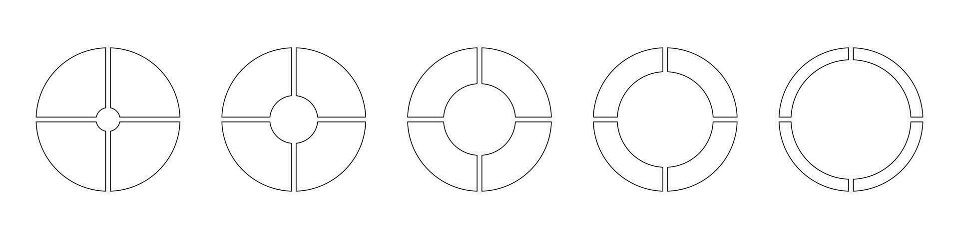 ruote il giro diviso nel quattro sezioni. diagrammi Infografica impostare. cerchio sezione grafico. linea arte. schema ciambella grafici, torte segmentato su 4 pari parti. torta grafico icona. geometrico vettore semplice elemento.