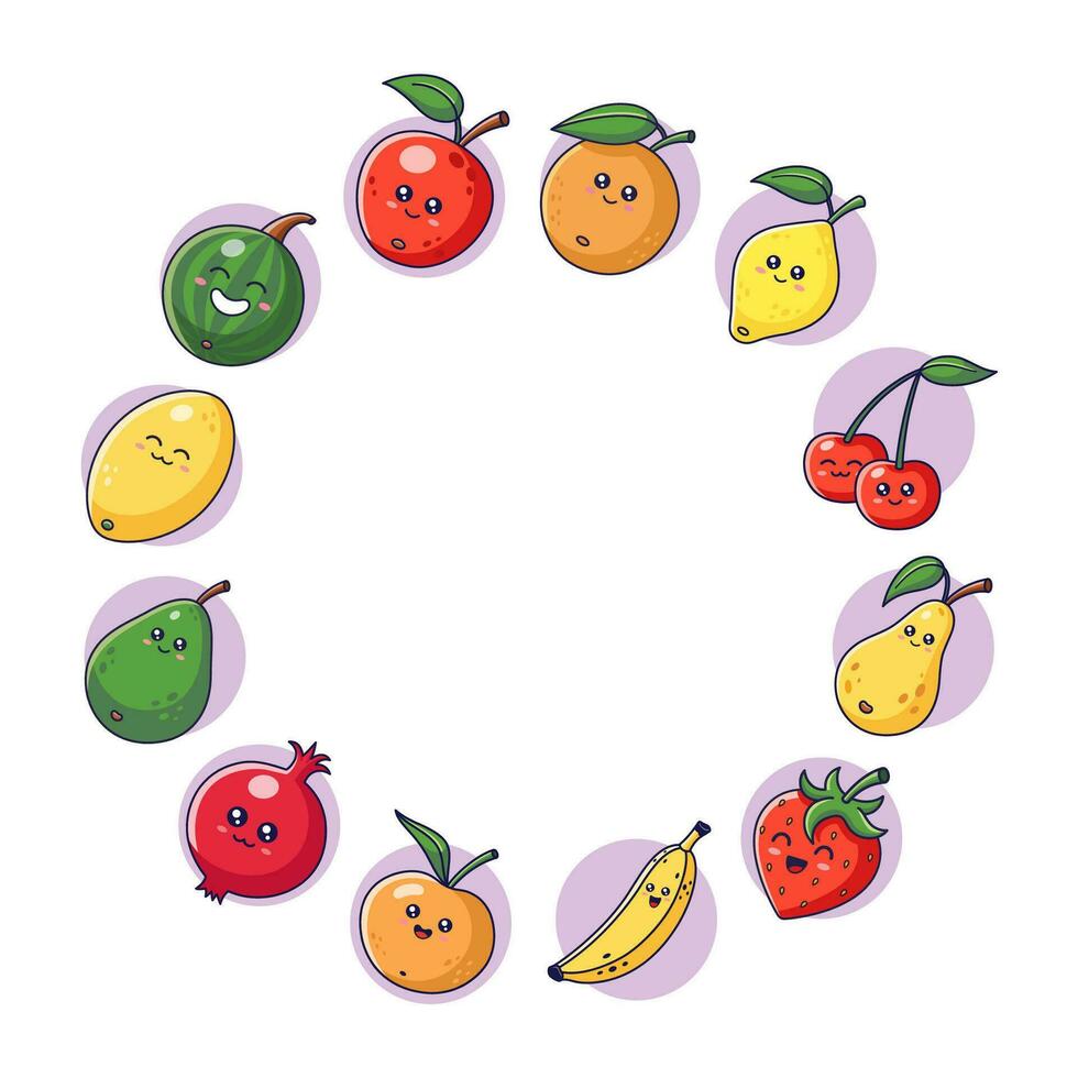 carino kawaii frutta impostato nel cartone animato stile. frutta collezione. frutta icone, adesivi, mascotte. frutta personaggi. circolare telaio modello. vettore illustrazione isolato su bianca sfondo.