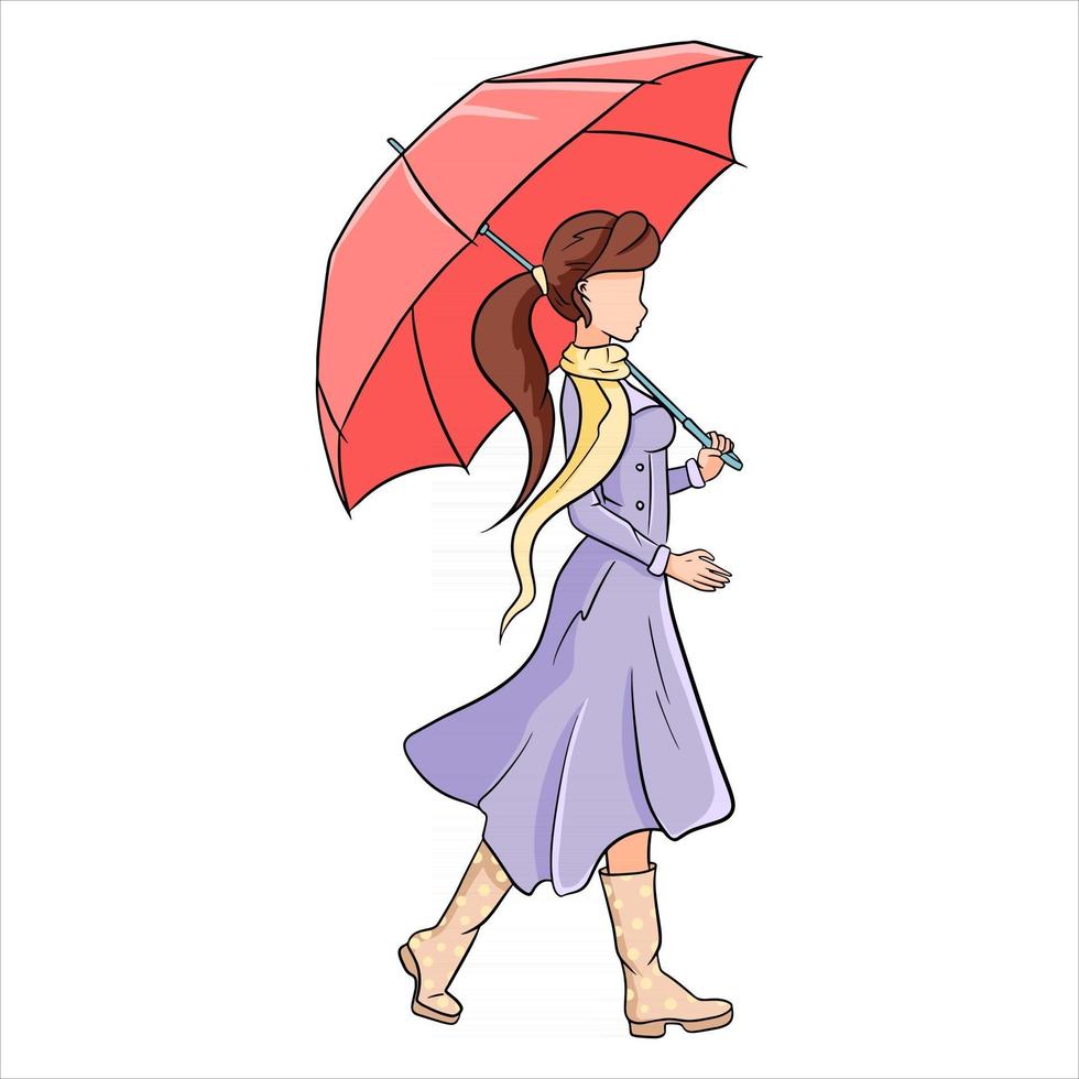 ragazza con un ombrello per una passeggiata. autunno, pioggia. stile cartone animato. vettore