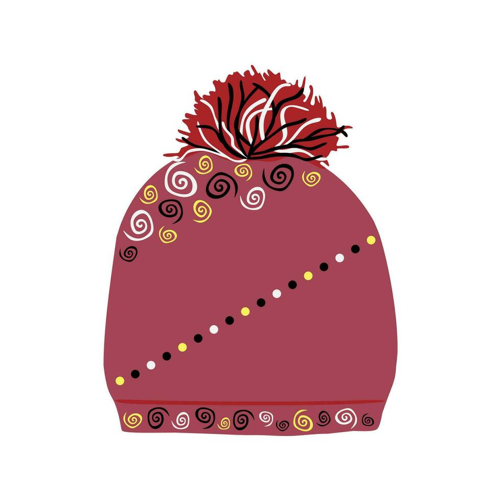 carino mano disegnato inverno cappello con pompon. vettore illustrazione di a maglia scarabocchio copricapo per freddo tempo atmosferico. Borgogna berretto