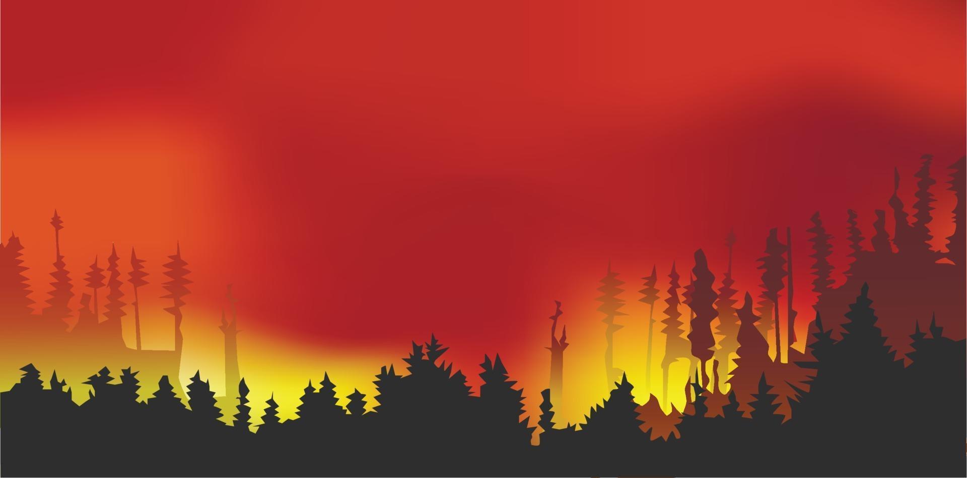 incendi boschivi, illustrazione del disastro di incendi boschivi, alberi in fiamme, vettore