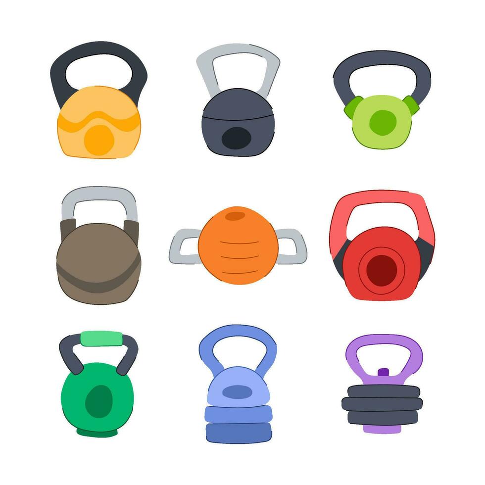 fitness kettlebell impostato cartone animato vettore illustrazione