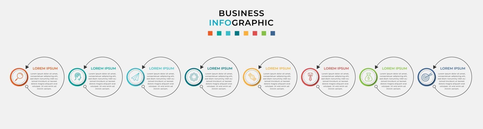 modello di business di progettazione infografica con icone e 8 opzioni o passaggi vettore