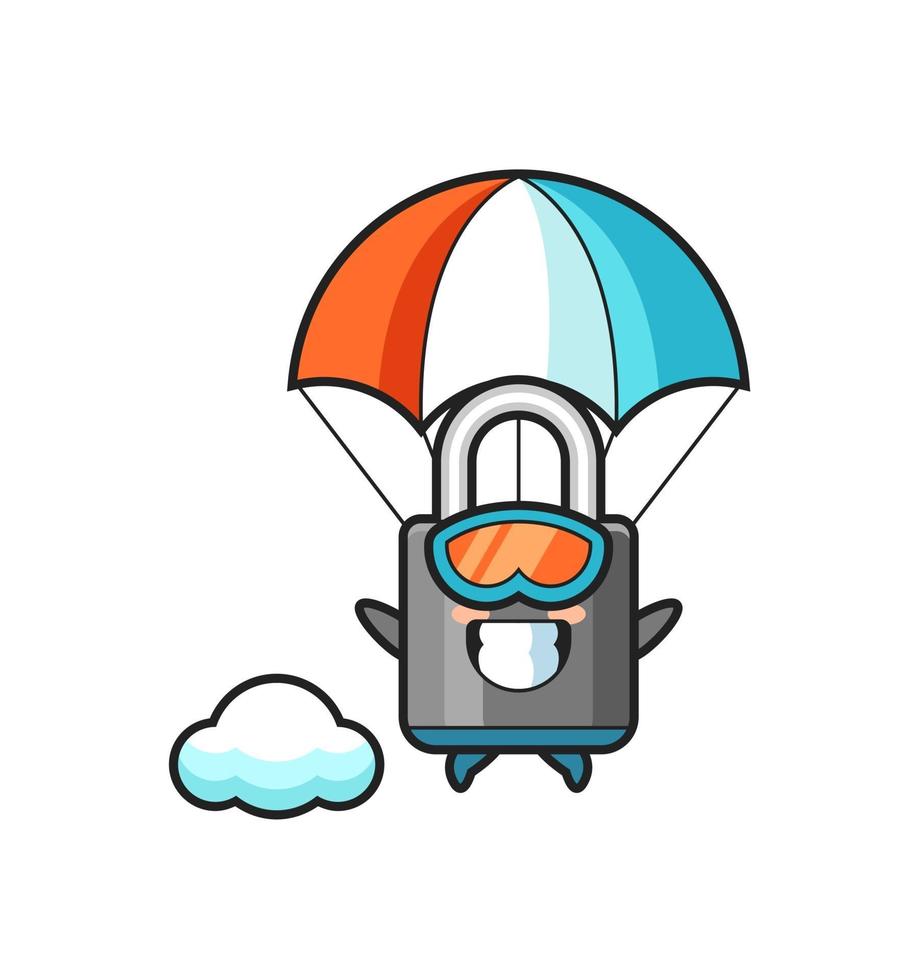 il fumetto della mascotte del lucchetto sta facendo paracadutismo con un gesto felice vettore