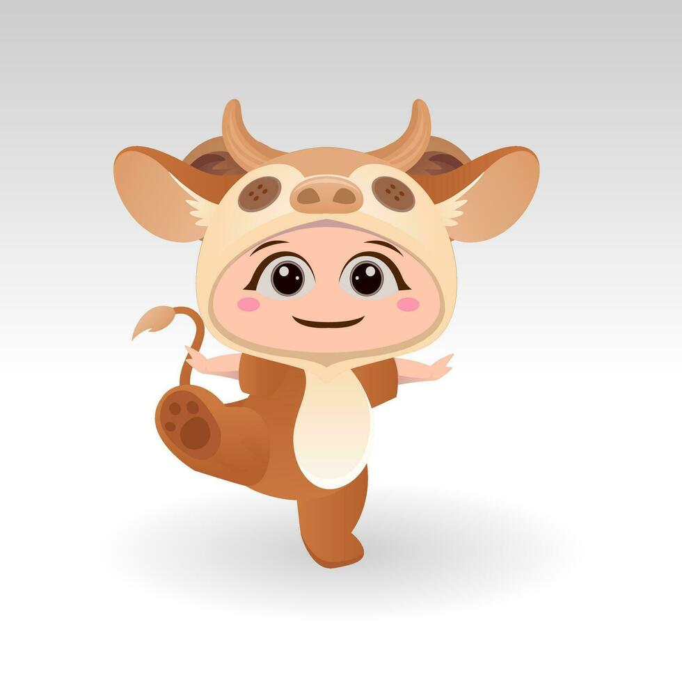 carino mucca con cartone animato icona vettore illustrazione. carino orso portafortuna costume concetto isolato premio vettore. piatto cartone animato stile