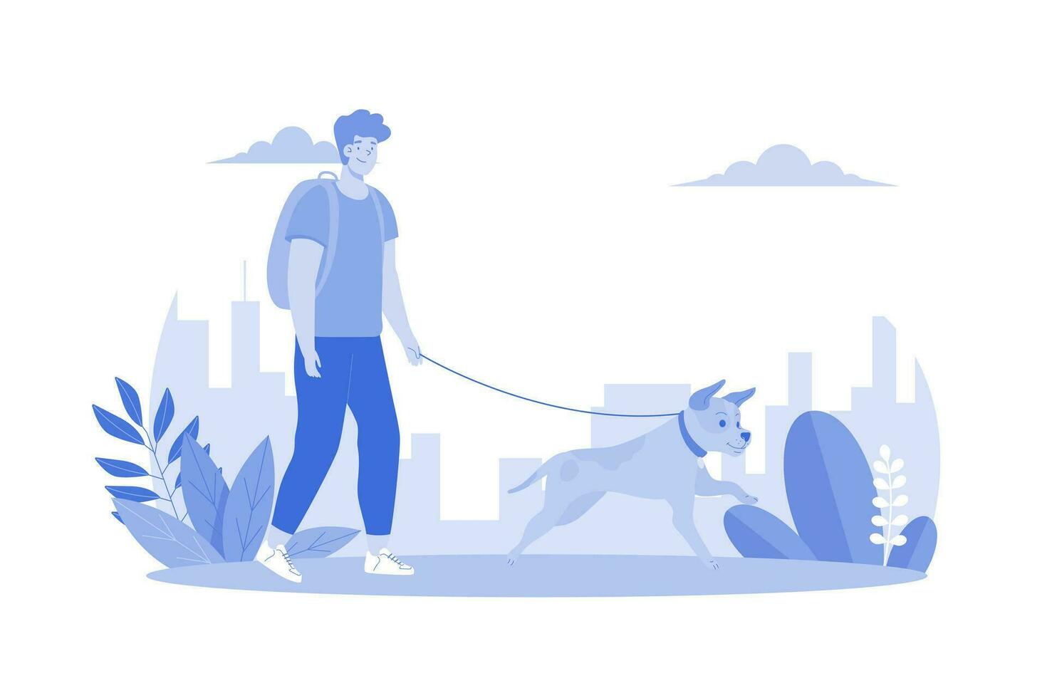 giovane uomo a piedi con carino cane vettore