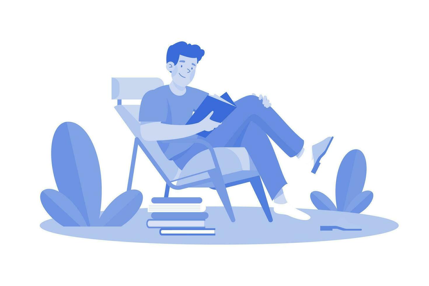 giovane uomo si siede nel un poltrona e legge un' libro vettore